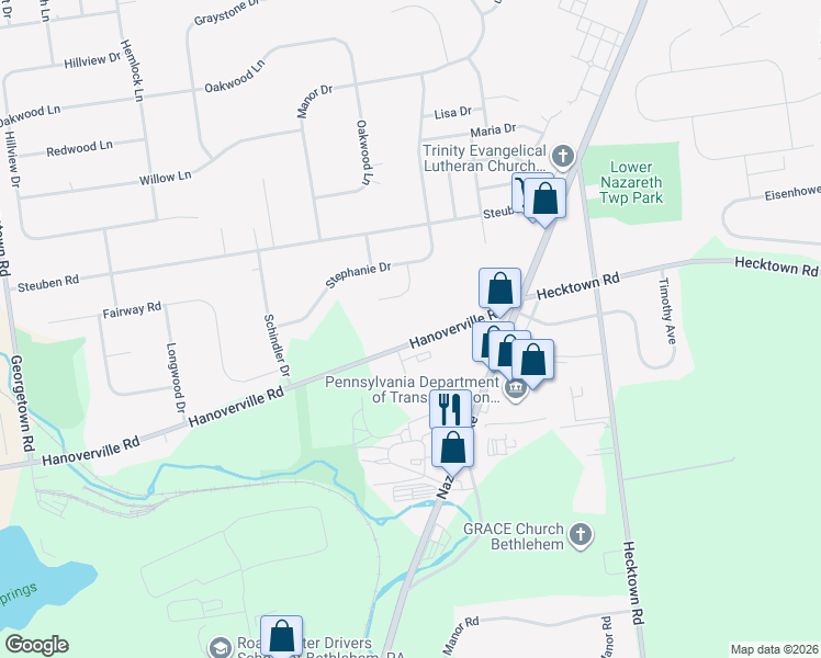 map of restaurants, bars, coffee shops, grocery stores, and more near 4505 Hanoverville Road in Bethlehem