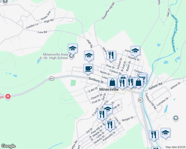 map of restaurants, bars, coffee shops, grocery stores, and more near 436 Sunbury Street in Minersville