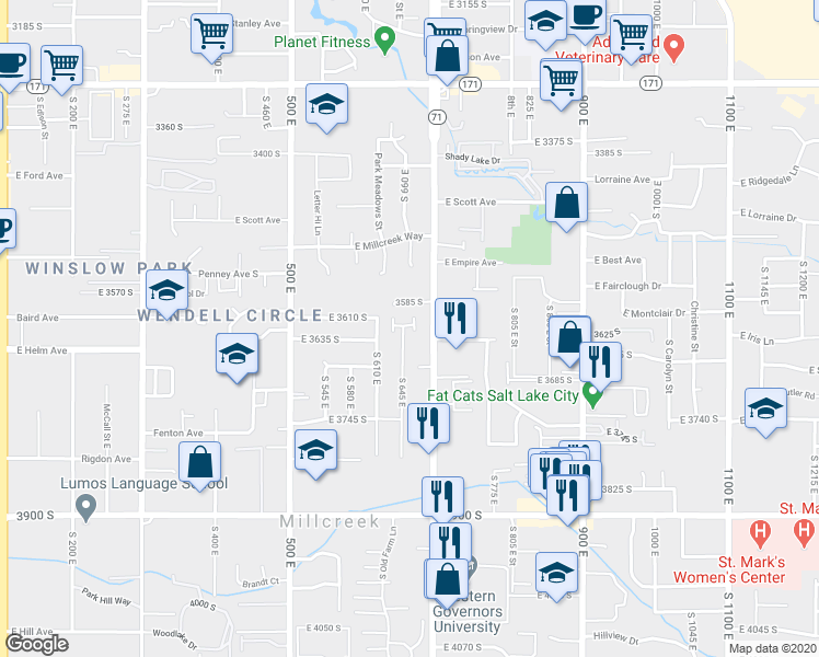 map of restaurants, bars, coffee shops, grocery stores, and more near 3616 South Granite Park Cove in South Salt Lake