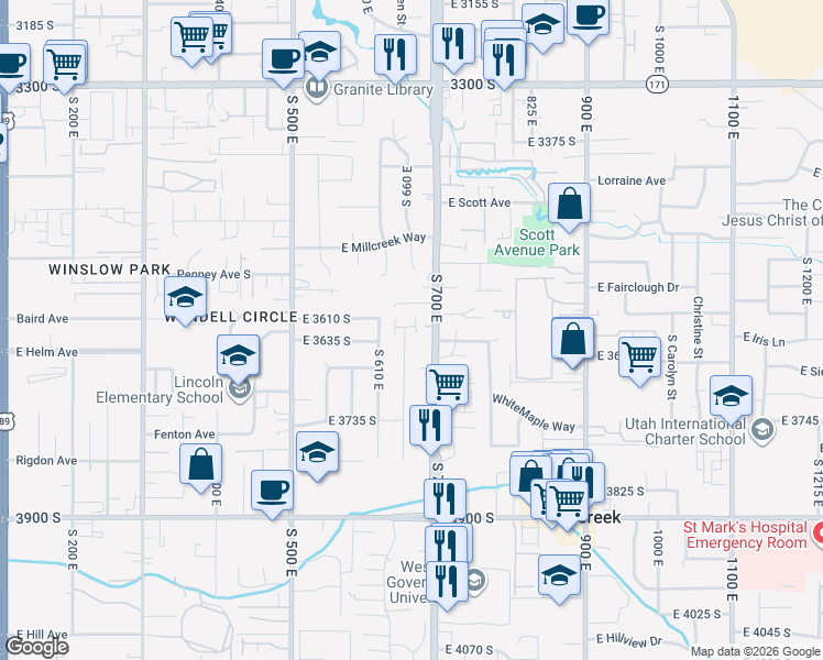 map of restaurants, bars, coffee shops, grocery stores, and more near 3616 South Granite Park Cove in South Salt Lake