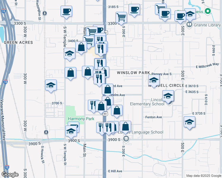 map of restaurants, bars, coffee shops, grocery stores, and more near 3655 South State Street in South Salt Lake
