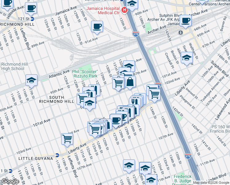map of restaurants, bars, coffee shops, grocery stores, and more near 129-21 101st Avenue in Queens