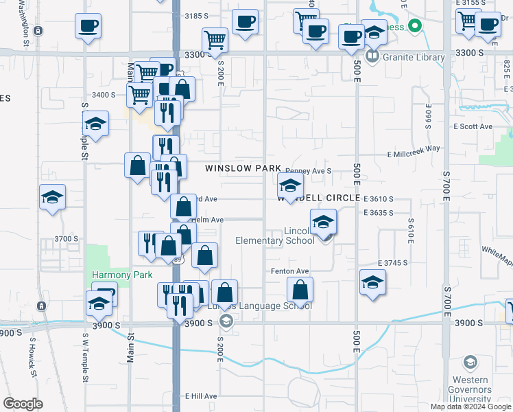map of restaurants, bars, coffee shops, grocery stores, and more near 3618 South 300 East in South Salt Lake