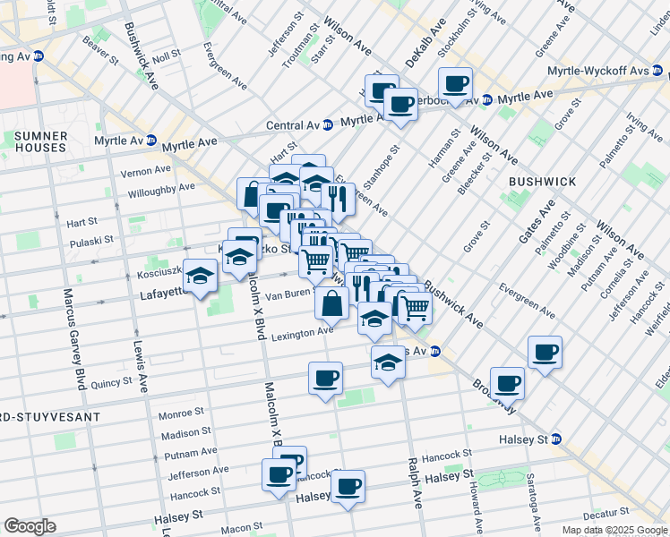 map of restaurants, bars, coffee shops, grocery stores, and more near 1164 Broadway in Brooklyn