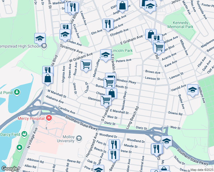 map of restaurants, bars, coffee shops, grocery stores, and more near 23 Chase Street in Hempstead