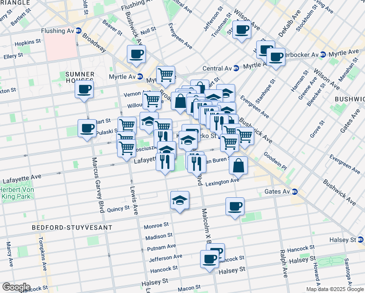 map of restaurants, bars, coffee shops, grocery stores, and more near 117 Stuyvesant Avenue in Brooklyn