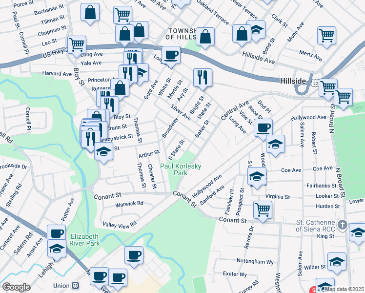 map of restaurants, bars, coffee shops, grocery stores, and more near 1217 South State Street in Hillside