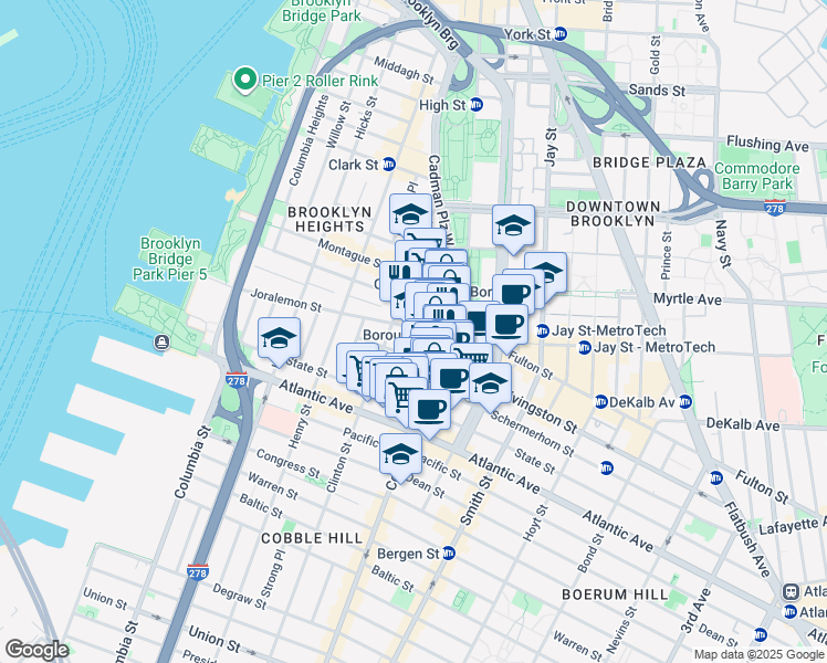 map of restaurants, bars, coffee shops, grocery stores, and more near 170 Joralemon Street in Brooklyn