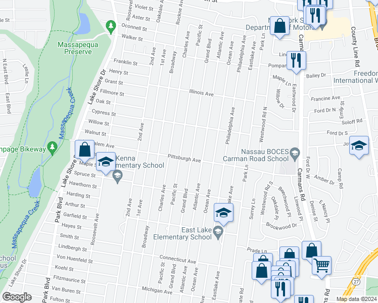 map of restaurants, bars, coffee shops, grocery stores, and more near 308 Grand Boulevard in Massapequa Park