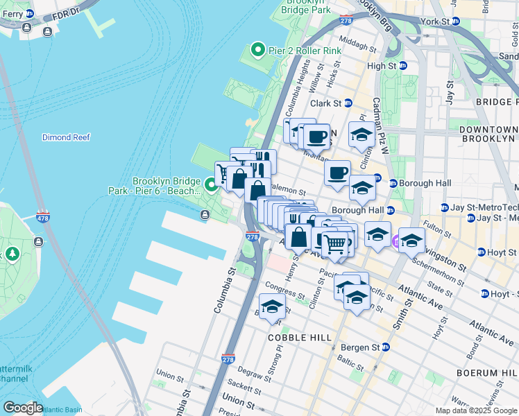 map of restaurants, bars, coffee shops, grocery stores, and more near 41 State Street in Brooklyn