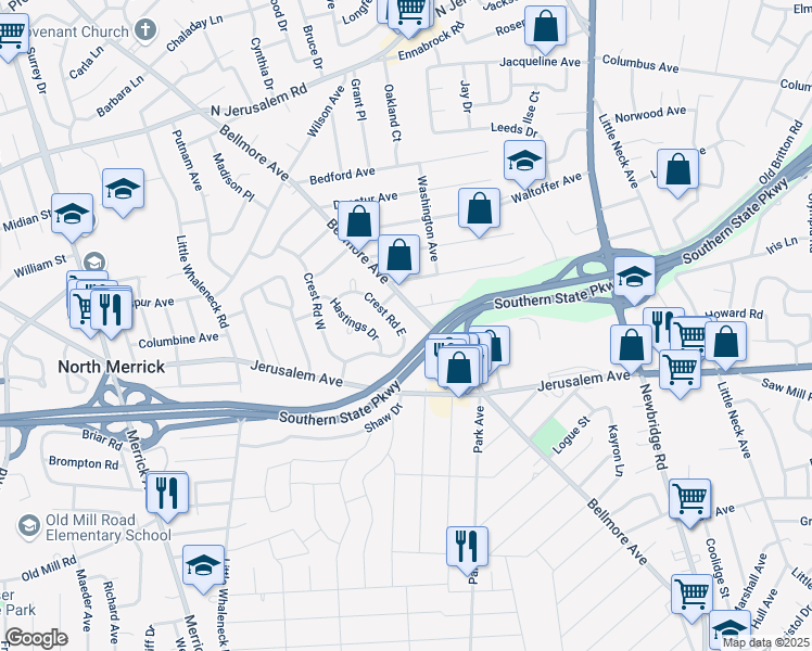 map of restaurants, bars, coffee shops, grocery stores, and more near 29 Hastings Drive in Merrick
