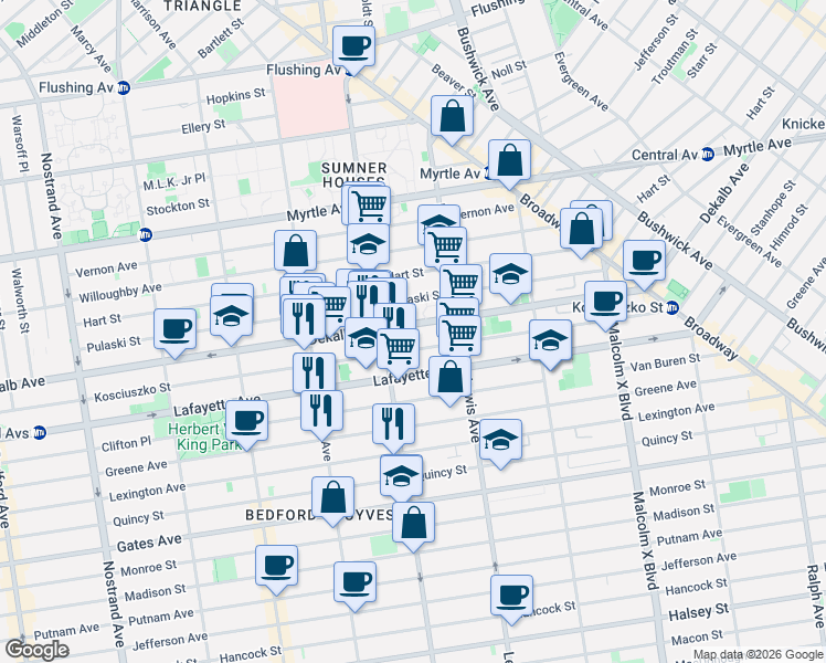 map of restaurants, bars, coffee shops, grocery stores, and more near 922 Dekalb Avenue in Brooklyn
