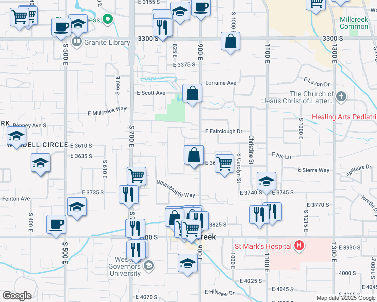 map of restaurants, bars, coffee shops, grocery stores, and more near 853 East Colony South Street in Salt Lake City