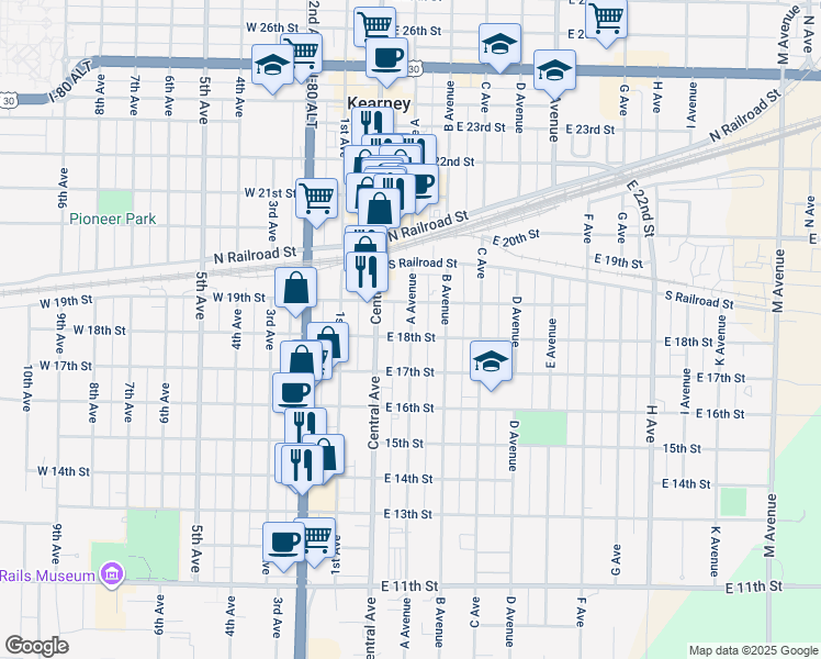 map of restaurants, bars, coffee shops, grocery stores, and more near 1822 Avenue A in Kearney