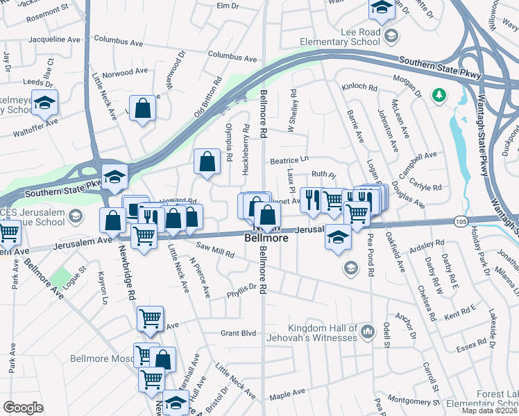 map of restaurants, bars, coffee shops, grocery stores, and more near 2640 Magnolia Road in North Bellmore