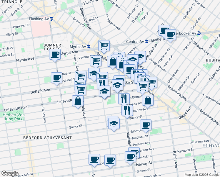 map of restaurants, bars, coffee shops, grocery stores, and more near 532 Kosciuszko Street in Brooklyn