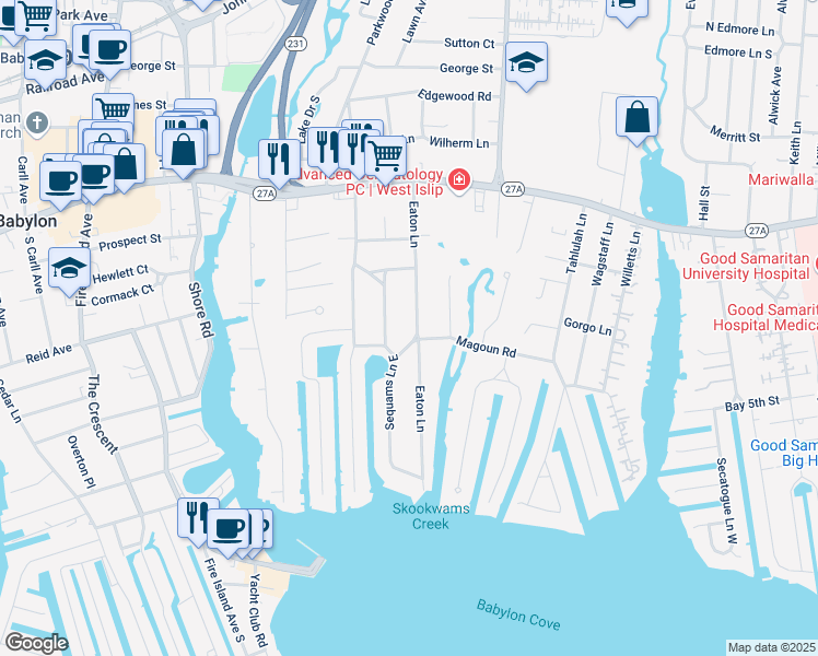 map of restaurants, bars, coffee shops, grocery stores, and more near 43 Sequams Lane East in West Islip
