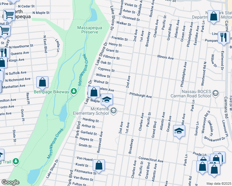map of restaurants, bars, coffee shops, grocery stores, and more near 214 Pine Street in Massapequa Park