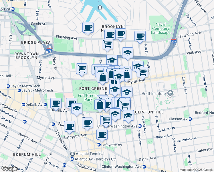 map of restaurants, bars, coffee shops, grocery stores, and more near 191 Carlton Avenue in Brooklyn