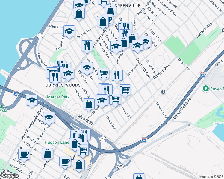 map of restaurants, bars, coffee shops, grocery stores, and more near 87 Winfield Avenue in Jersey City