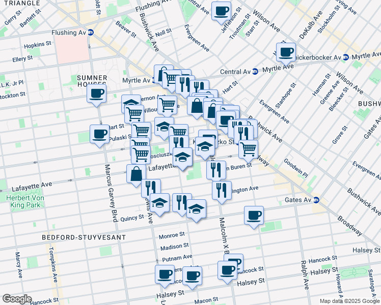 map of restaurants, bars, coffee shops, grocery stores, and more near 963 Lafayette Avenue in Brooklyn