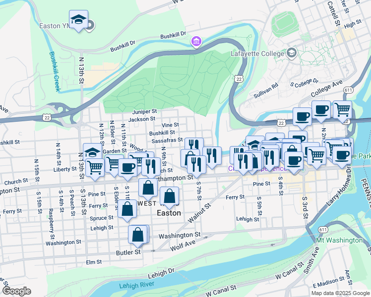 map of restaurants, bars, coffee shops, grocery stores, and more near 724 Spring Garden Street in Easton
