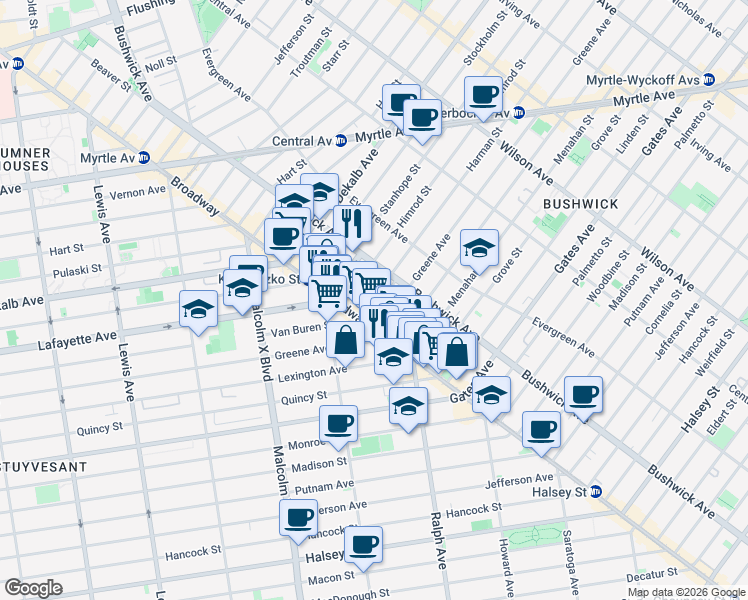map of restaurants, bars, coffee shops, grocery stores, and more near 599 Van Buren Street in Brooklyn