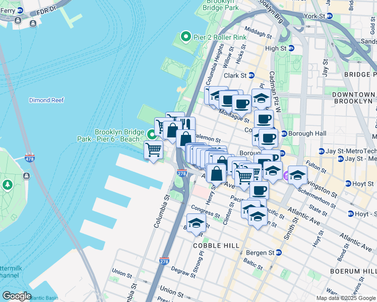 map of restaurants, bars, coffee shops, grocery stores, and more near 41 State Street in Brooklyn