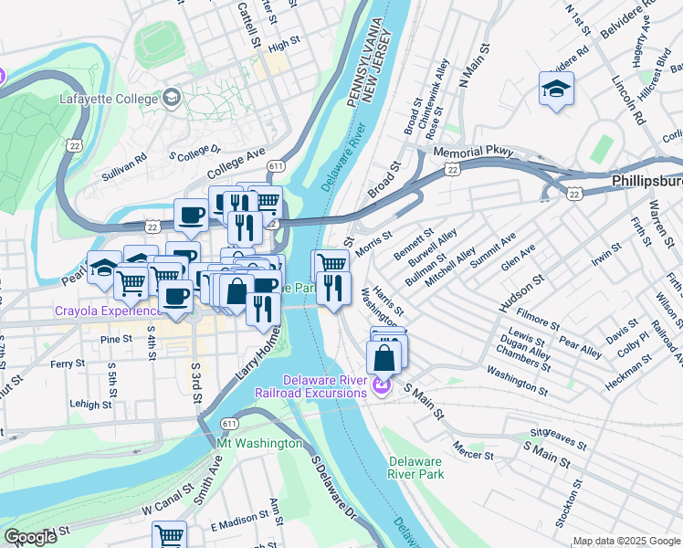 map of restaurants, bars, coffee shops, grocery stores, and more near 22 North Main Street in Phillipsburg
