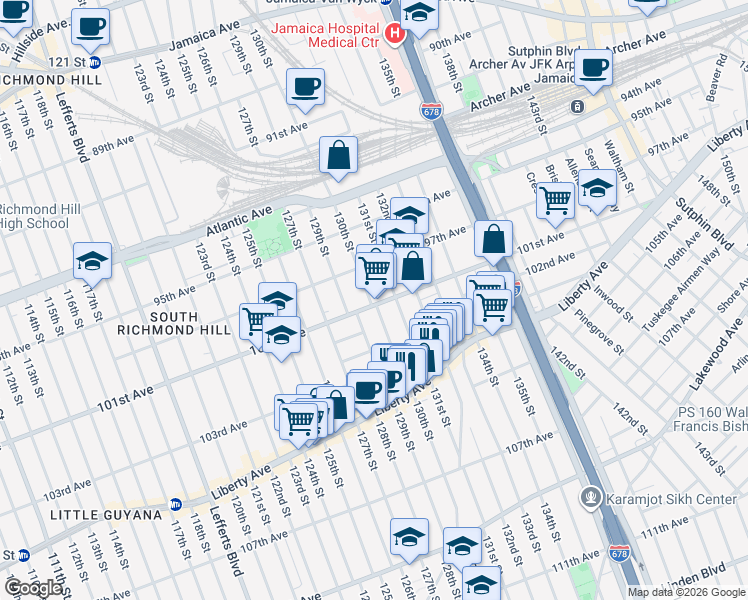 map of restaurants, bars, coffee shops, grocery stores, and more near 130-23 101st Avenue in Queens