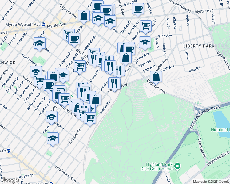 map of restaurants, bars, coffee shops, grocery stores, and more near 11-33 Irving Avenue in Queens