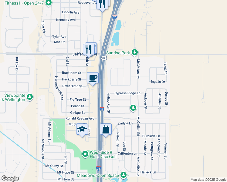 map of restaurants, bars, coffee shops, grocery stores, and more near 4188 Alder Creek Lane in Wellington