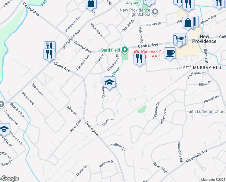 map of restaurants, bars, coffee shops, grocery stores, and more near 80 Jones Drive in New Providence