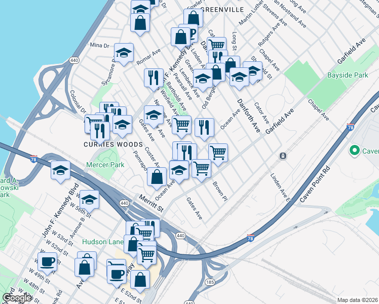 map of restaurants, bars, coffee shops, grocery stores, and more near in Jersey City
