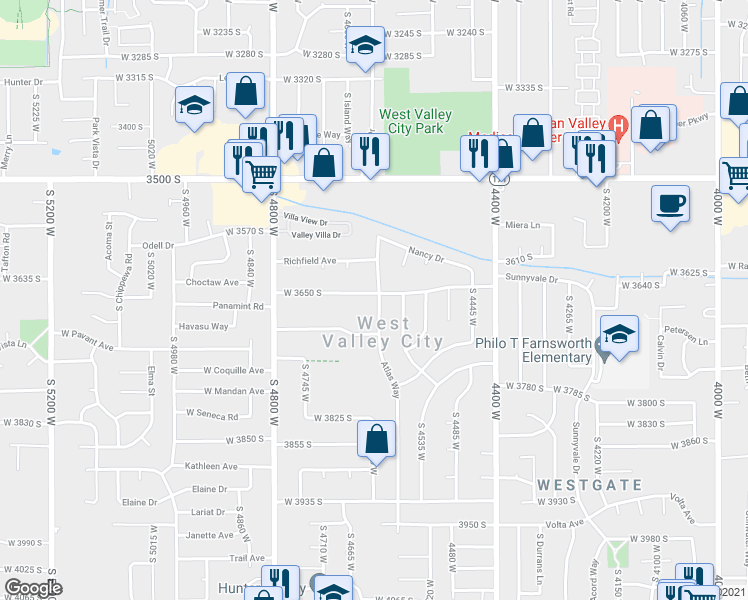 map of restaurants, bars, coffee shops, grocery stores, and more near 4617 West 3650 South in West Valley City