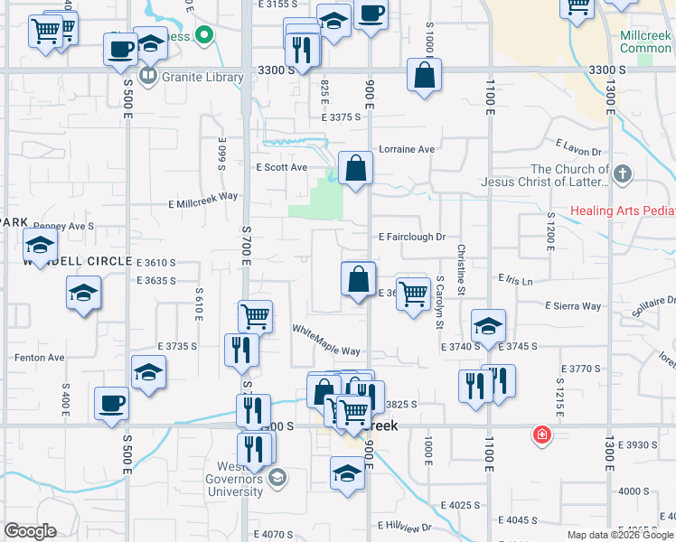 map of restaurants, bars, coffee shops, grocery stores, and more near 3641 South 860 East Street in Millcreek