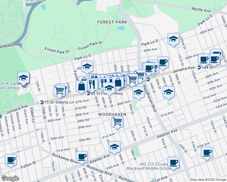 map of restaurants, bars, coffee shops, grocery stores, and more near in Queens