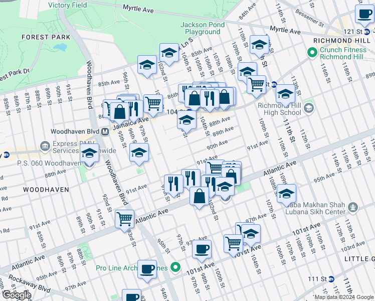 map of restaurants, bars, coffee shops, grocery stores, and more near 89-12 102nd Street in Queens