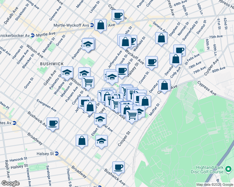 map of restaurants, bars, coffee shops, grocery stores, and more near 273 Eldert Street in Brooklyn