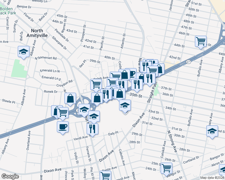 map of restaurants, bars, coffee shops, grocery stores, and more near 1250 New York 27 in Copiague