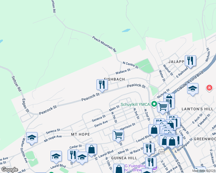 map of restaurants, bars, coffee shops, grocery stores, and more near 583 West Railroad Street in Pottsville