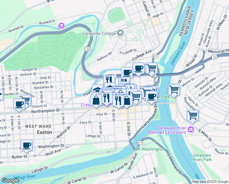 map of restaurants, bars, coffee shops, grocery stores, and more near 30 North 4th Street in Easton