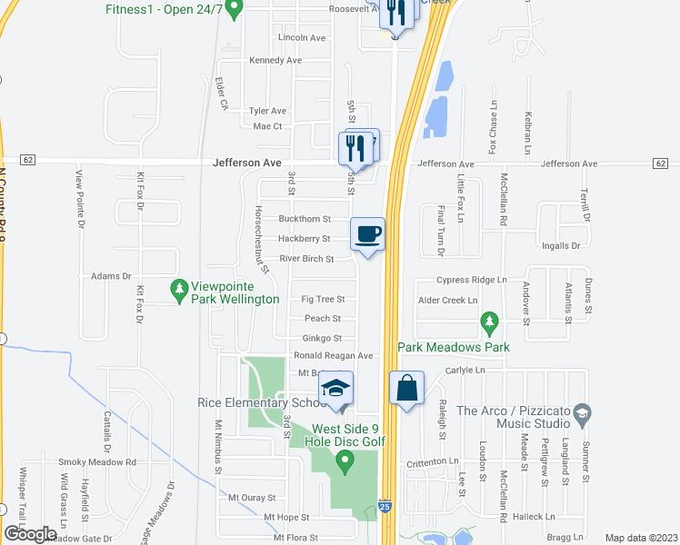 map of restaurants, bars, coffee shops, grocery stores, and more near 3948 Eucalyptus Street in Wellington