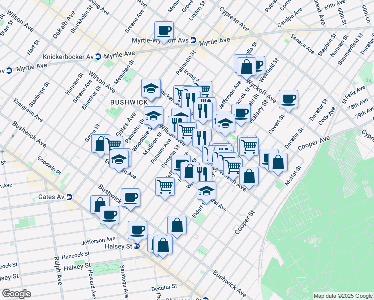 map of restaurants, bars, coffee shops, grocery stores, and more near 1266 Jefferson Avenue in Brooklyn