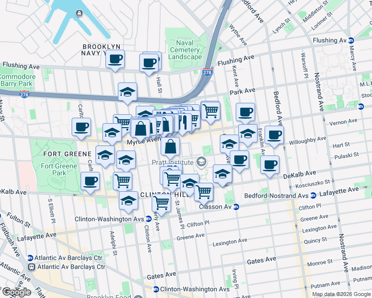map of restaurants, bars, coffee shops, grocery stores, and more near 195 Willoughby Avenue in Brooklyn