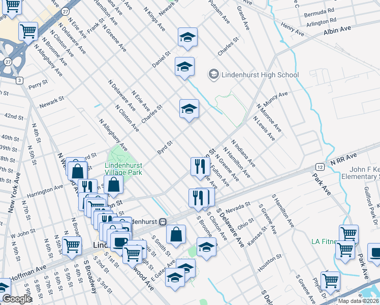 map of restaurants, bars, coffee shops, grocery stores, and more near 204 East John Street in Lindenhurst