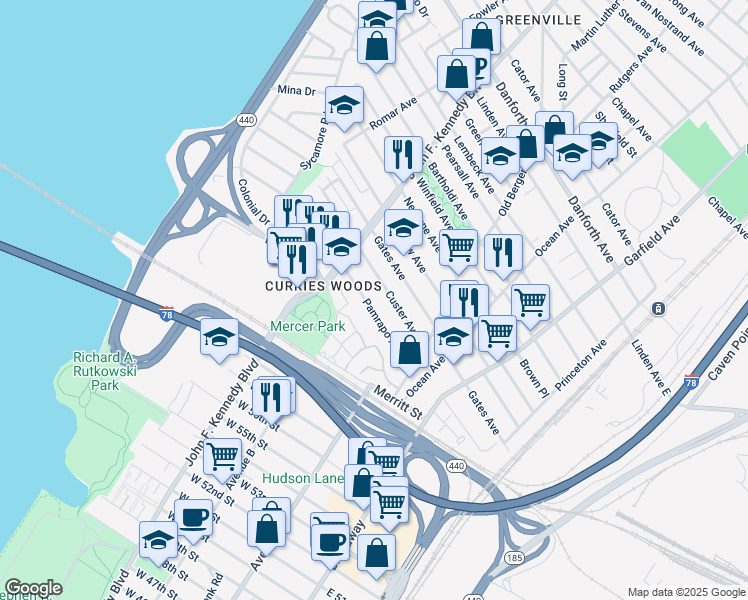 map of restaurants, bars, coffee shops, grocery stores, and more near 84 New Heckman Drive in Jersey City