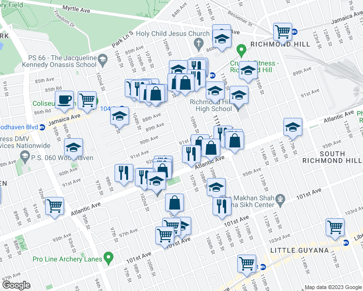 map of restaurants, bars, coffee shops, grocery stores, and more near 91-13 107th Street in Queens