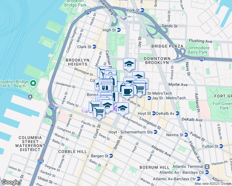map of restaurants, bars, coffee shops, grocery stores, and more near 209 Joralemon Street in Brooklyn