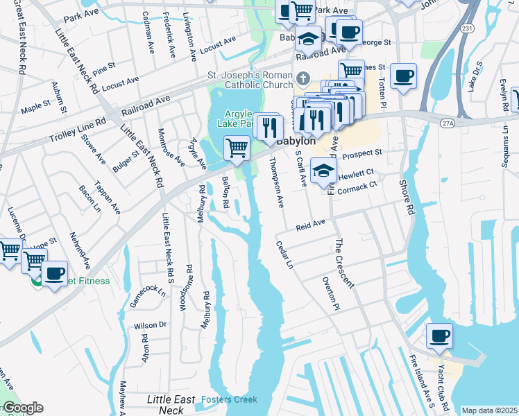 map of restaurants, bars, coffee shops, grocery stores, and more near 90 Thompson Avenue in Babylon